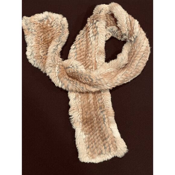 ~ Rabbit Fur Scarf, Bujibaja, neutral tan brown gray soft silky warm cozy 48x5" - Picture 1 of 9